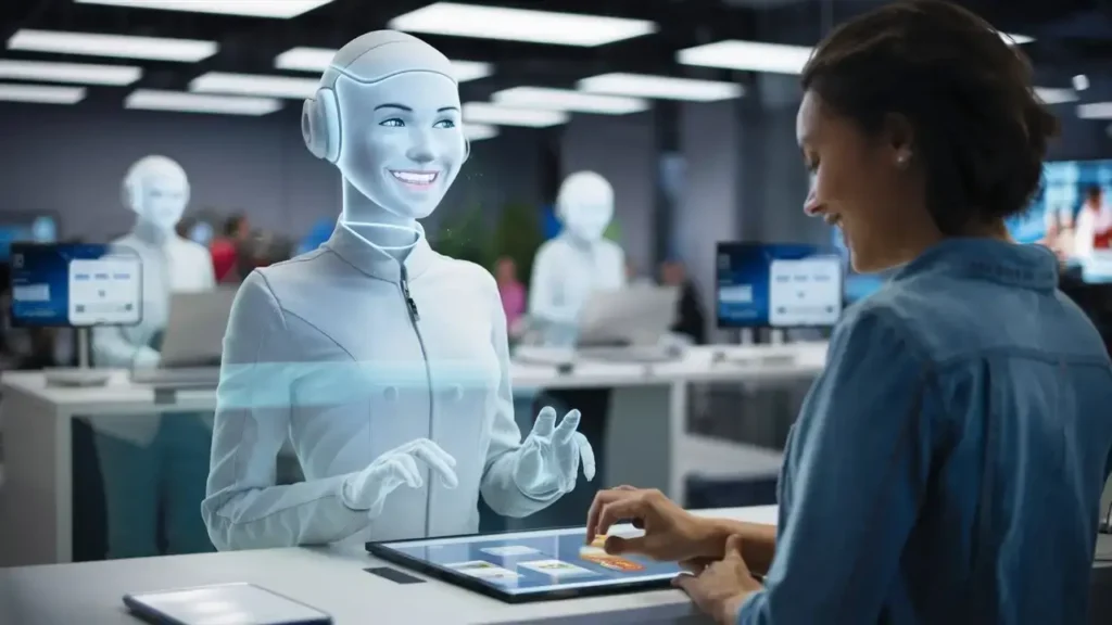 Yapay zeka destekli müşteri hizmetlerini temsil eden dijital görsel; memnun müşteri ifadesi, chatbot simgeleri ve veri analiz ikonlarıyla müşteri deneyimini vurguluyor.