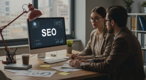 Şık giyimli bir erkek ve kadın, modern bir ofiste masa başında SEO stratejisi üzerine çalışıyor; bilgisayar ekranında büyük harflerle “SEO” yazıyor.
