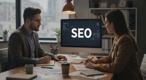 Farklı yaş ve cinsiyetlerden SEO uzmanlarının bir ofiste birlikte çalıştığı bir sahne; bilgisayar ekranlarında grafikler, anahtar kelime analizleri ve dijital pazarlama araçları yer alıyor.