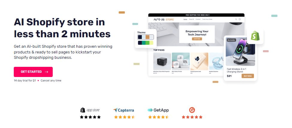 Yapay zekâ destekli Shopify arayüzünde e-ticaret sitesi kurulum adımlarını takip eden kullanıcı ekranı.