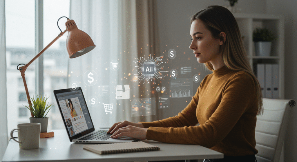 Modern bir ev ofisinde, yapay zekâ araçlarıyla dropshipping işi yöneten dizüstü bilgisayar başında genç ve şık bir kadın.