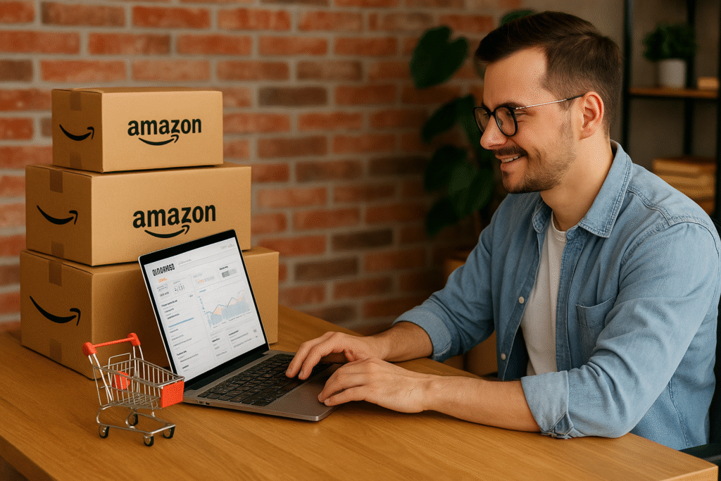 Bir erkek, Amazon satıcı panelinde çalışırken dizüstü bilgisayar başında oturuyor; yanında Amazon kutuları ve minyatür alışveriş arabası bulunuyor.
