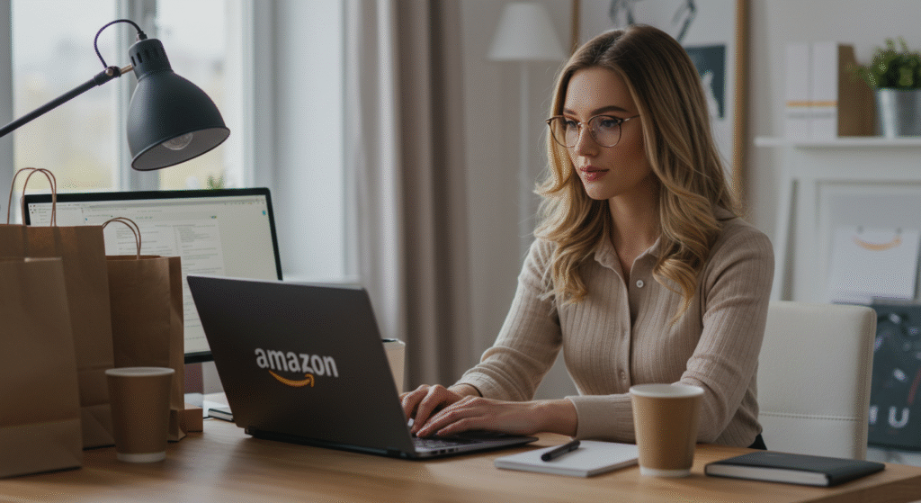"Laptop başında Amazon’da e-ticaret yapan kadın girişimci, ürün listeleme ve satış analizleriyle ilgileniyor."