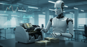 Geleceğe ait bir ofiste, para sayma makinesiyle dolar sayan mavi gözlü insansı bir robot.