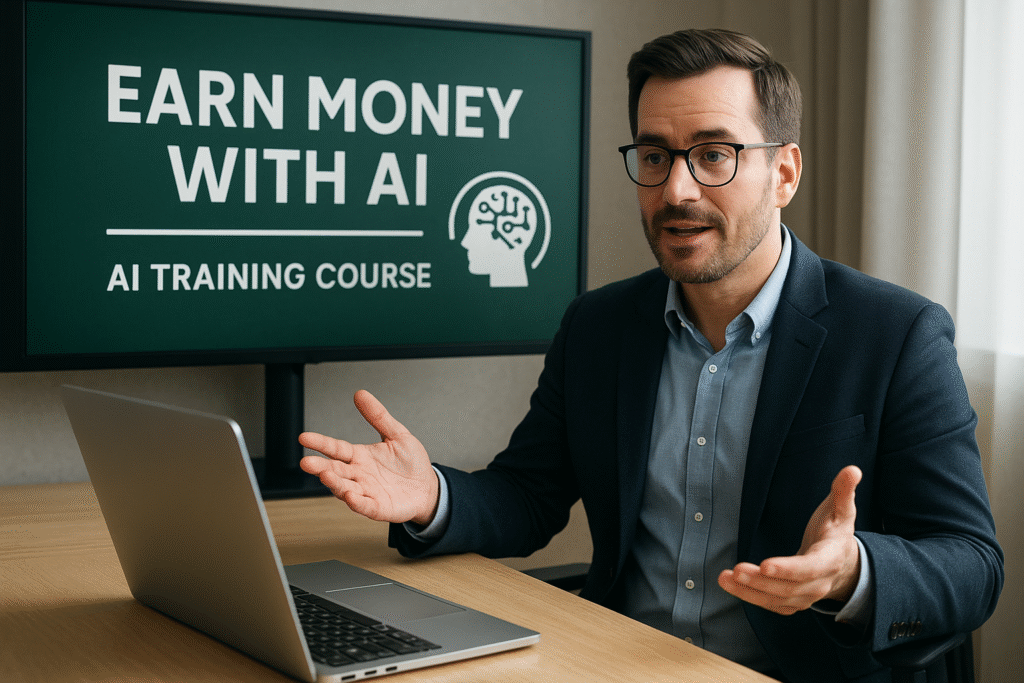 Bilgisayar başında yapay zekâ eğitimi veren bir eğitmen, ekranda “Earn Money with AI” yazılı sunumu gösteriyor.