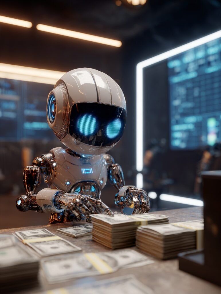 Bilgisayar başında e-ticaret sitesi yöneten, gözlüklü ve sevimli tasarıma sahip küçük bir robot.