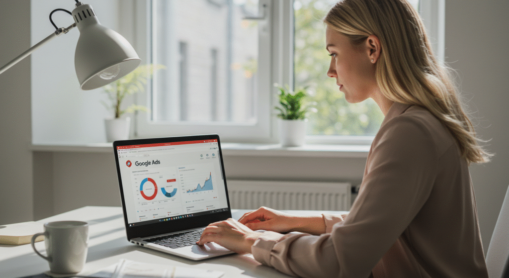 Google Ads performans analizini inceleyen sarışın kadın dijital pazarlama uzmanı