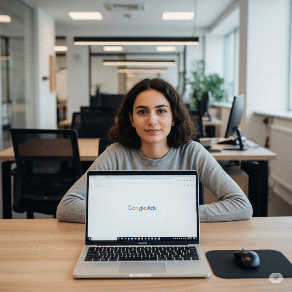 Google Ads ekranına bakan dijital pazarlama uzmanı kadın ofis ortamında
