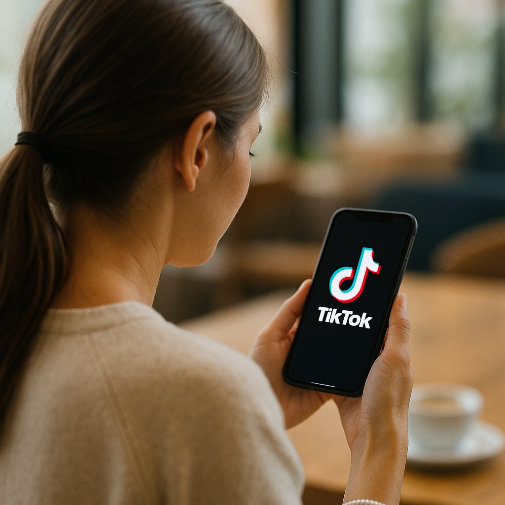 TikTok uygulamasını telefonunda kullanan genç kadın, arkadan görüntülenmiş.