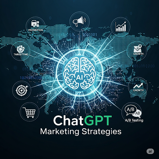 Yapay zeka (AI) ve dijital pazarlama stratejilerini anlatan illüstrasyon. Ortada bir beyin simgesi, etrafında pazarlama ikonları ve “ChatGPT Marketing Strategies” yazısı yer alıyor.