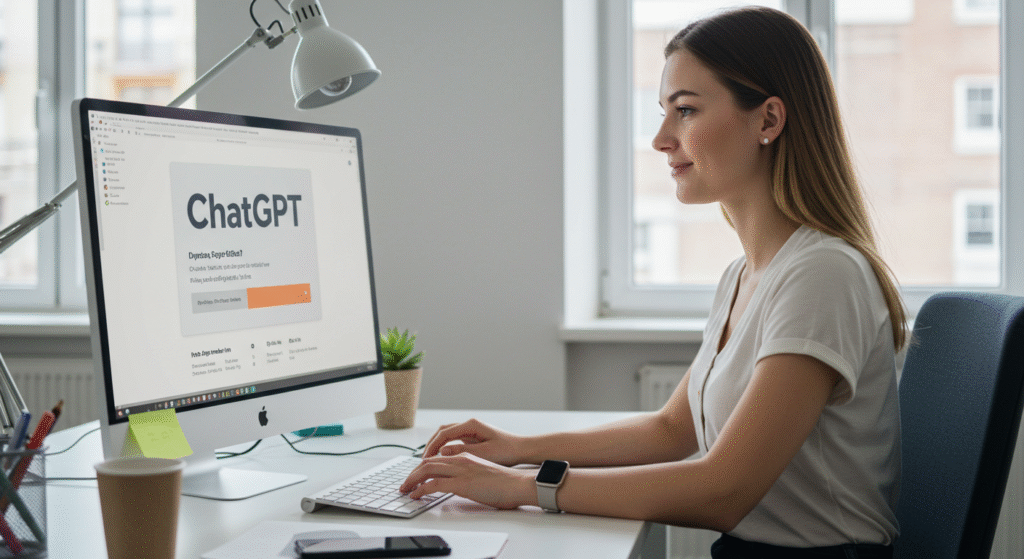Bilgisayar başında ChatGPT ile çalışan genç bir kadın, modern ofis ortamında.