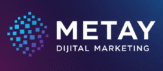 Metay Dijital Marketing logosu — mavi ve mor degrade arka plan üzerinde piksel küresi simgesi ve beyaz yazı