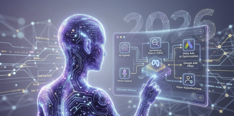 2026 yılında dijital pazarlamayı şekillendirecek yapay zeka trendlerini ve GEO stratejilerini anlatan interaktif dijital ekranlı fütüristik görsel - Metay Dijital Marketing.