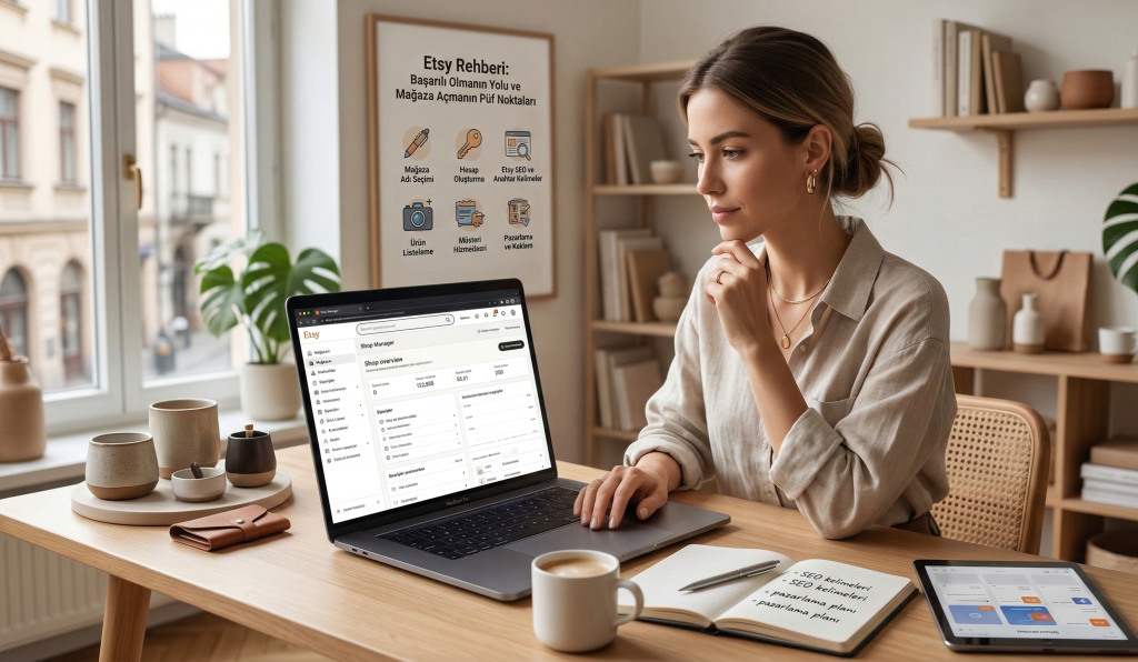 Etsy mağaza açma ve online satışları artırma stratejileri üzerine çalışan girişimci kadın, laptop üzerinden Etsy shop yönetimi ve dijital pazarlama planı hazırlıyor.