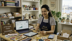 Etsy üzerinden satış yaparak para kazanan bir kadın girişimci ve laptop ekranında Etsy mağaza yönetim paneli.
