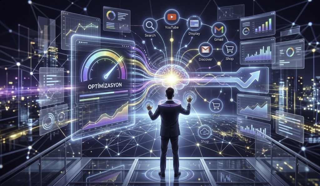 Google Ads PMax optimizasyonu fütüristik görsel - Merkezi AI beyni; Search, YouTube, Display, Gmail, Discover ve Shopping kanallarına veri akışı sağlıyor. Sağ tarafta 'YÜKSEK ROAS 📈' ve 'DÜŞÜK CPA 📉' grafikleri, sol tarafta performans verileri ve 'HEDEF KİTLE SİNYALLERİ 🎯' simgeleri yer alıyor.