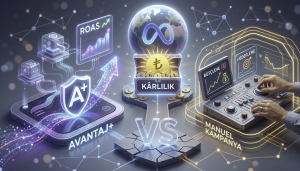 Meta Ads Advantage+ vs. Manuel Kampanya karşılaştırması fütüristik görsel - Sol tarafta AI arayüzü ve ROAS simgesi, sağ tarafta insan elleri kontrol panelinde ayar yaparken, merkezde VS sembolü ve kârlılık hazinesi.