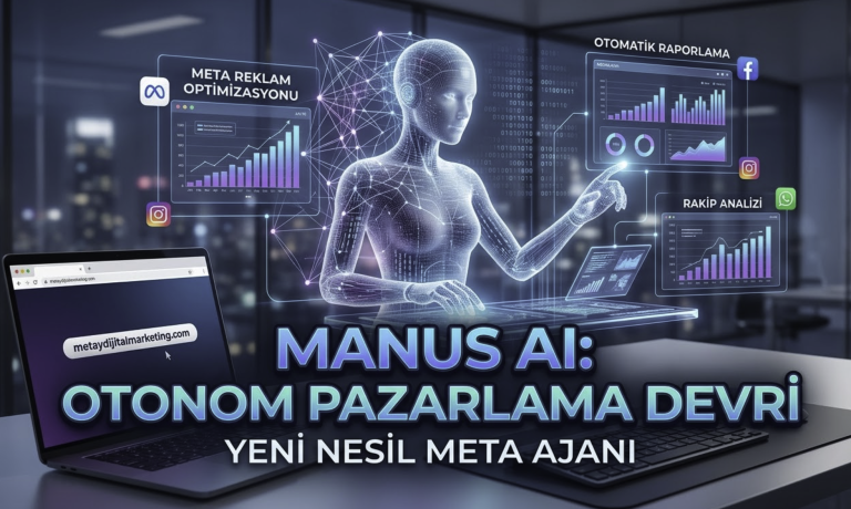 Meta Ads Manager içine entegre edilmiş Manus AI otonom yapay zeka ajanı, reklam optimizasyonu ve rakip analizi yaparken.