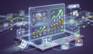 Düşük bütçeli Google Ads yönetimi stratejisini simgeleyen fütüristik görsel; dijital büyüteç ile hassas kitle hedefleme, küçük bütçelerin büyümesini temsil eden filizlenen para ve verimlilik grafiklerini içeren holografik ekran.