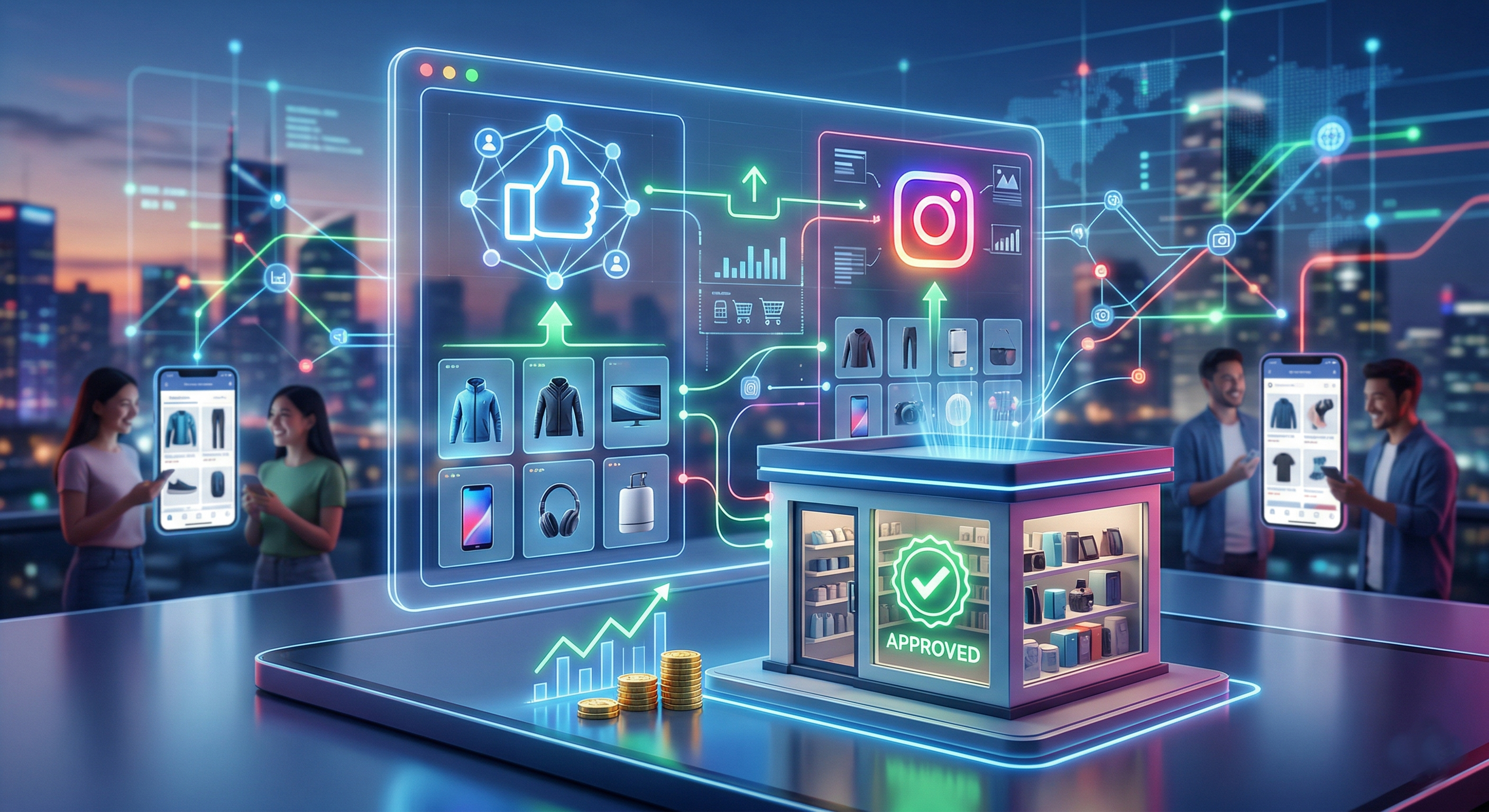 Facebook ve Instagram mağaza kurulumu sürecini simgeleyen fütüristik görsel; sosyal medya ikonları, ürün veri akışı ve yeşil onay mührü bulunan dijital e-ticaret vitrini ile Meta Ticaret Yöneticisi entegrasyonu.