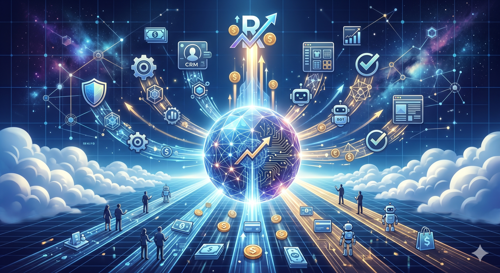 Bir dijital reklam evreninin merkezinde parlayan nöral ağ küresi; veri akışları, finansal simgeler, otomasyon botları ve yükselen grafik okları ile Google Ads ROAS artırma optimizasyon motorunun fütüristik temsili.