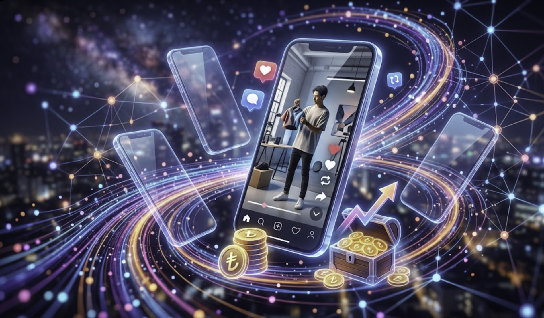 Instagram Reels Reklam Stratejileri fütüristik görsel - Merkezi akıllı telefon; dikey video (UGC tarzı), '❤️', '💬' ve '🔄' etkileşim simgeleriyle veri akışı sağılıyor. Sağ tarafta 'YÜKSEK ROAS 📈' ve 'KÂRLILIK 💰' simgeleri, sol tarafta performans verileri ve 'HEDEF KİTLE SİNYALLERİ 🎯' panelleri yer alıyor.