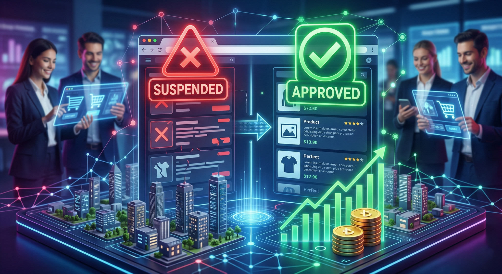 Google Merchant Center Misrepresentation hatası çözüm süreci görseli - Solda kırmızı '❌ SUSPENDED' (Askıya Alındı) paneli olan bir e-ticaret vitrini, sağda yeşil '✔️ APPROVED' (Onaylandı) paneline dönüşüyor. Arada veri tutarlılığı, kargo politikası ve iletişim bilgileri doğrulama simgeleri yer alan fütüristik analiz ekranı.