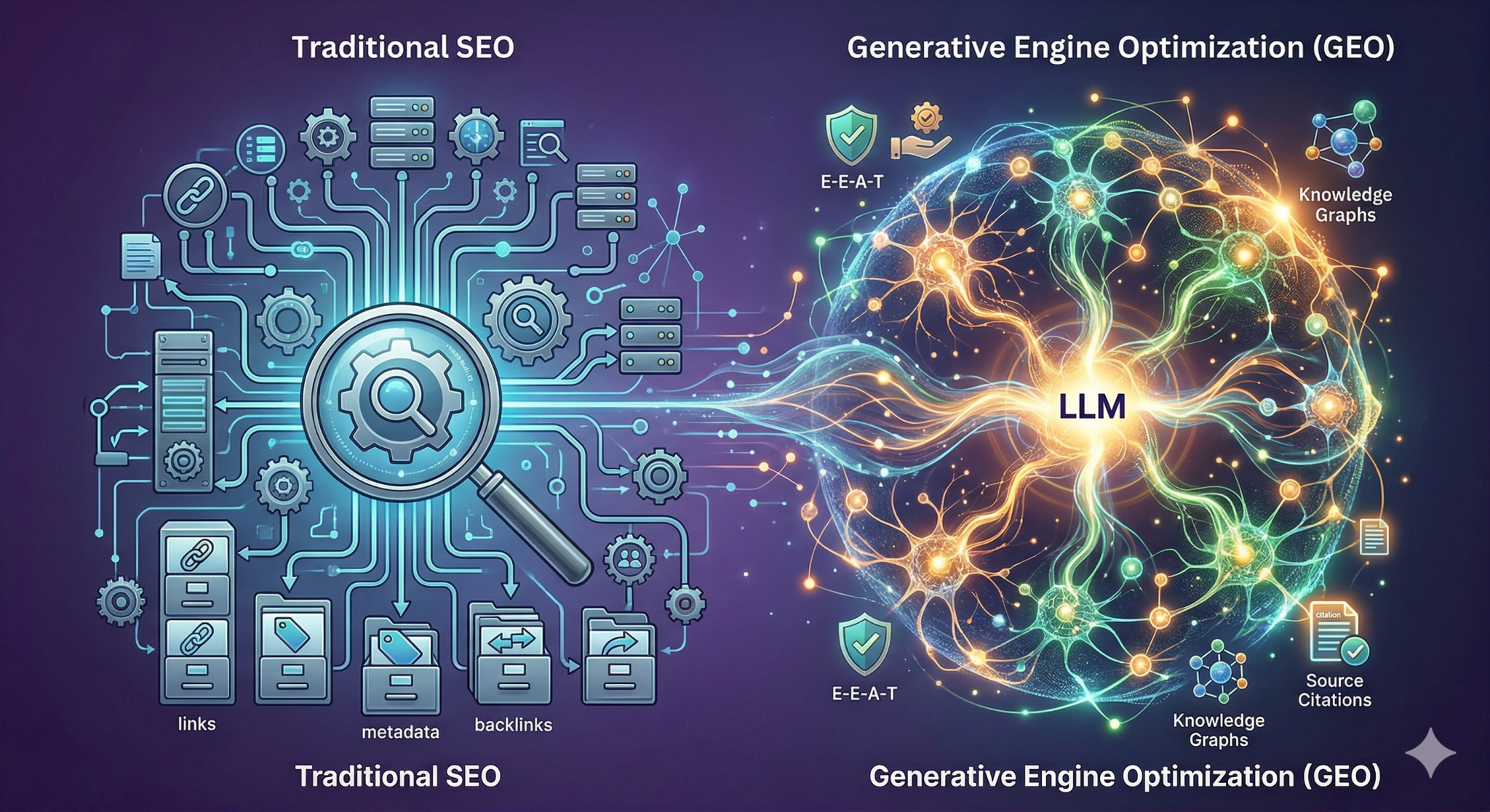 SEO ve GEO farklarını simgeleyen fütüristik görsel; solda mekanik verilerle geleneksel arama motoru optimizasyonu, sağda nöral ağlar ve organik bilgi akışıyla yapay zeka arama optimizasyonu tasviri.
