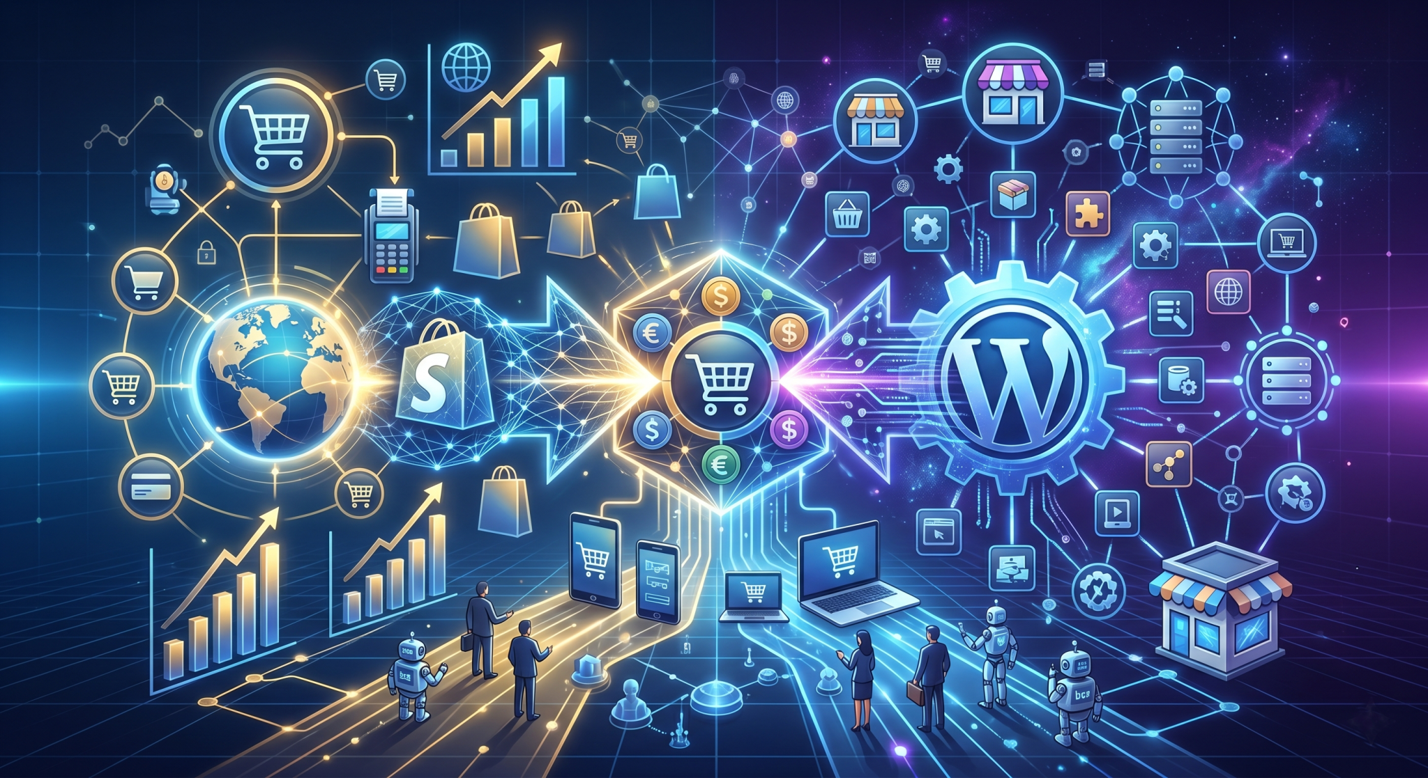 Küresel e-ticaret pazarında Shopify ve WooCommerce platformlarının rekabetini ve entegrasyonunu simgeleyen fütüristik dijital illüstrasyon; nöral ağ bağlantıları ve global ticaret ağı temsili.