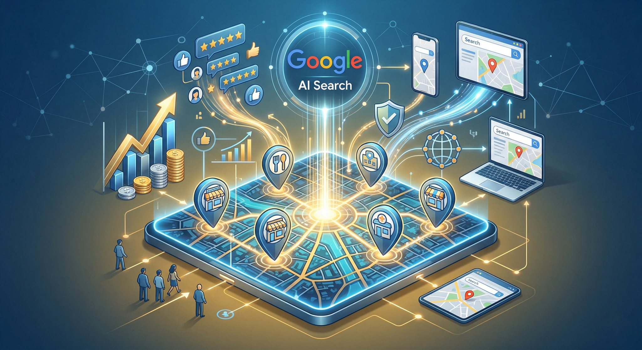 Google Haritalar üzerinde parlayan işletme pinleri, yükselen başarı grafiği ve dijital veri akışlarını gösteren fütüristik yerel SEO görseli; bölgesel arama motoru optimizasyonu tasviri.