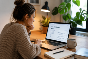 Zero-Click Search (Sıfır Tıklama) nedir sorusunu Google’da araştıran bir SEO uzmanı, laptop ekranında arama sonuçları ve yapay zeka özetleri ile stratejik analiz yapan kadın.