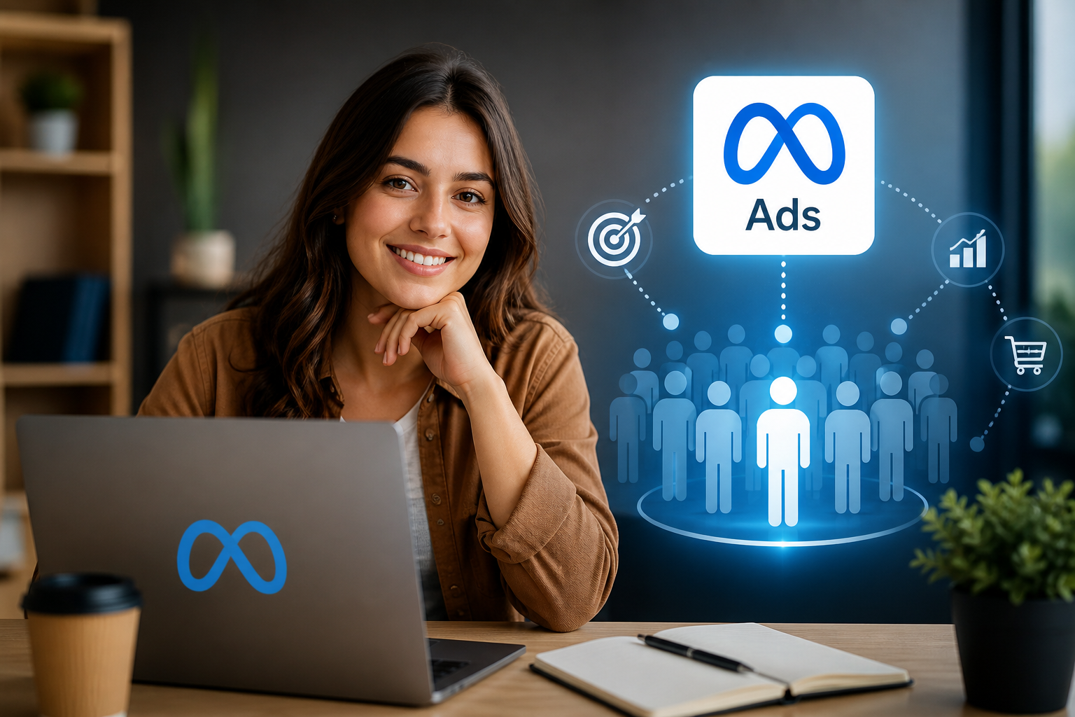 Meta Ads Broad Targeting (Geniş Hedefleme) algoritmasını temsil eden dijital veri ağı ve yapay zeka destekli reklam hedefleme analiz grafiği.