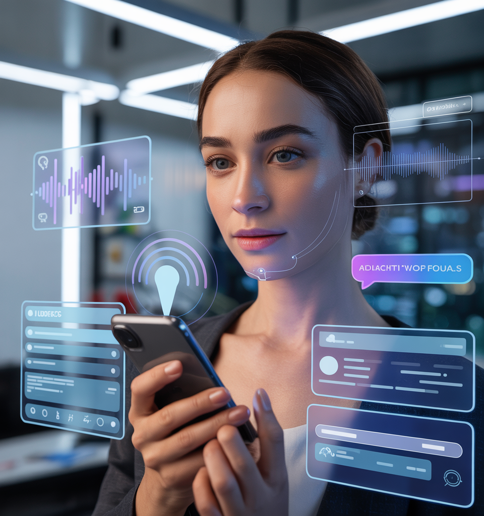 Akıllı telefon ve yapay zeka tabanlı hologramlar aracılığıyla sesli arama optimizasyonu, NLP ve veri analizini gösteren profesyonel bir kadın figürü.